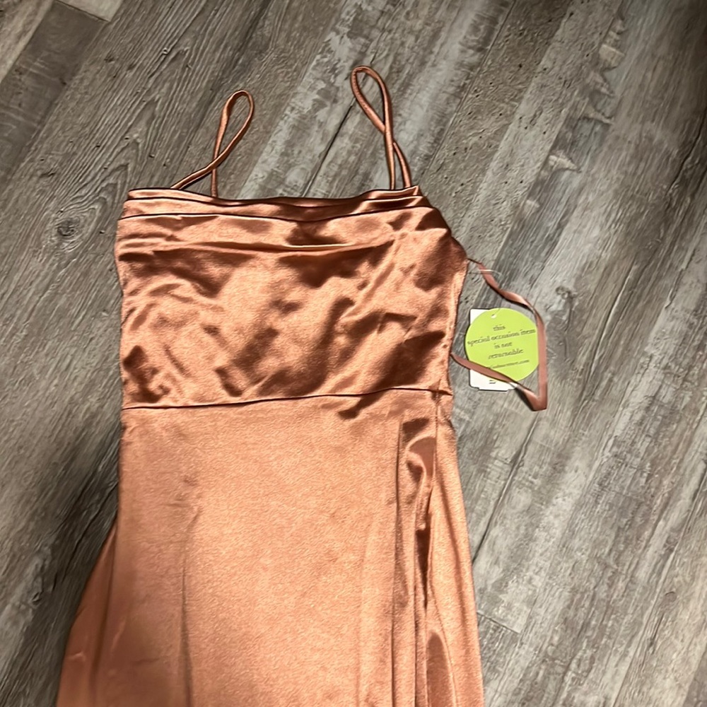 satin dress, has a slit down the side for leg room, long and silky